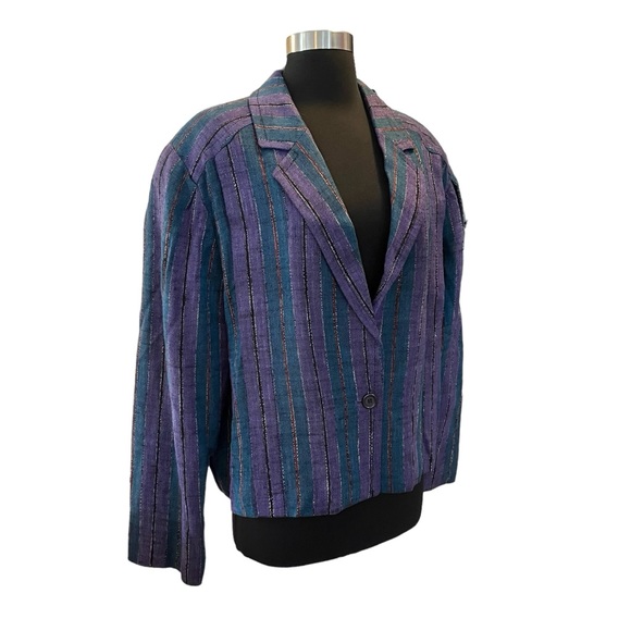 Vintage Givenchy Plus jacket single breasted blazer striped purple teal metallic - Picture 3 of 12